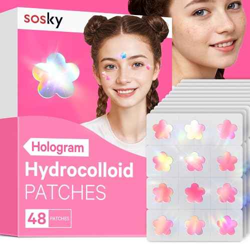 Sosky Hologram Pimple Patches for Face, Hydrocolloid Acne Patches with Salicylic Acid, Cute Star Zit Stickers,Colorful Blemish Covers,48 Count Pink Flower