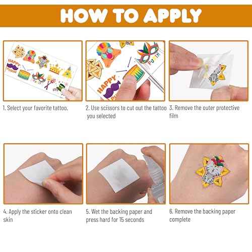 Cute Purim Temporary Tattoos 10 Sheets 100 PCS Happy Purim Party Decorations Favors Supplies Purim Theme Birthday Stickers Halloween Gifts for Boys Girls Kids Class School Prizes Carnival Christmas