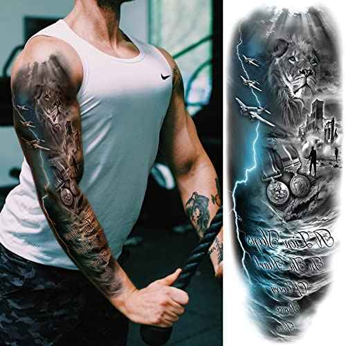 Military Temporary Tattoo Sleeve for Men, 4-Sheet Full Arm Large Patriotic Gun Soldier Fake Tattoo Sleeve Adult Women and 4-Sheet Black Floral Tiger Gun Half Temp Tatoo Sticker Leg Makeup Body Art
