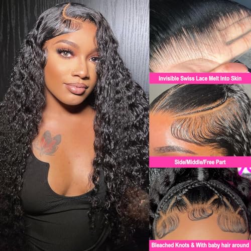 13x6 Deep Wave Lace Front Wigs Human Hair Wig 180 Density Deep Curly Lace Frontal Glueless Human Hair Lace Front Wig Pre Plucked Natural Black 24 Inch