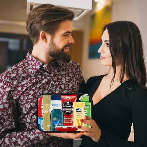 ZompoZ-Travel Toiletries Kit Gift for Men, Travel Bag of Essentials for Bath, Shaving and Personal Care, 8 Mini TSA Approved Items in Reusable Zipper Bag, Mini Toiletries Gift for Him, for On-The-Go