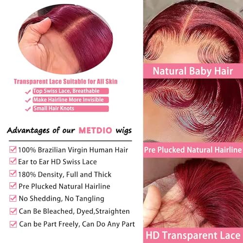 99J Burgundy Wig Human Hair 13x4 Body Wave Lace Front Wigs Human Hair 180 Density Pre Plucked Glueless Wine Red Colored Lace Front Wig for Women 28inch