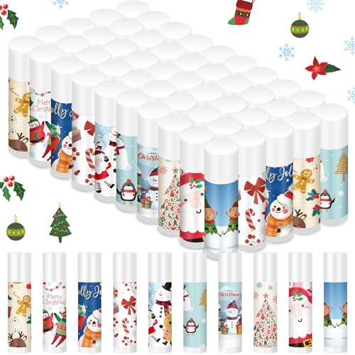 MTLEE 50 Pcs Christmas Lip Balm Bulk with 10 Designs 5 Flavored Holiday Gifts Moisturizing Lip Balms Stocking Stuffer Gift Christmas Party Supplies Favors for Kids Women Men