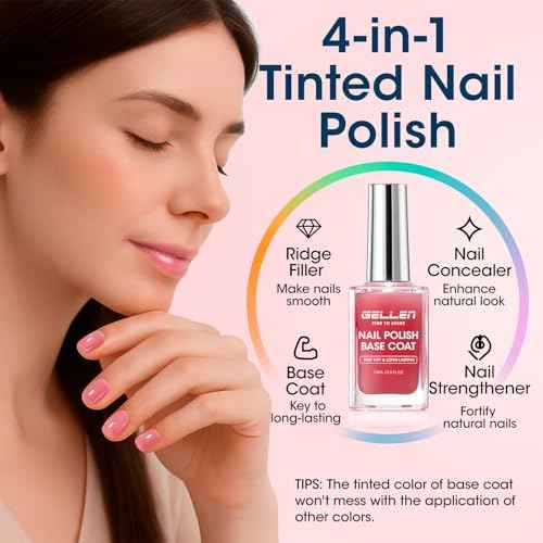 GELLEN 4?in?1 Clear Nail Polish Base Coat Sheer Tinted Red, Ridge Filler, Nail Strengthener & Concealer, Calcium Formula Strengthen Nails, Natural Color Enhance Natural Look, HEMA Free, Anti Yellow