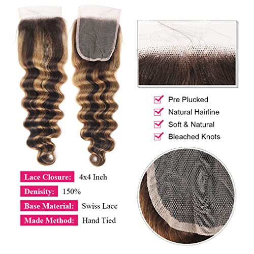 P4/27 Ombre Human Hair Bundles Loose Deep Wave Quick Weave Hair with Closure, 10A Brazilian Raw Deep Wave Human Hair Highlight Bundles with 4x4 Lace Closure(12 14 16+12inch, Honey Blonde Brown Color)