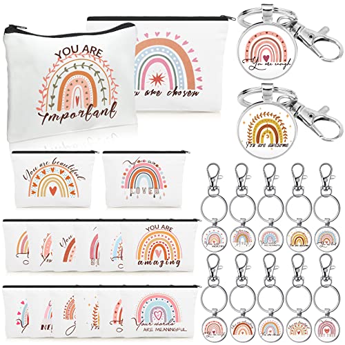 Pinkunn Christmas Rainbow Canvas Cosmetic Bag Bulk with Inspirational Quote Keychains Set 16 Pcs Cosmetic Bags 16 Pcs Keychains You are Amazing Beautiful Kind Travel Pouch Zipper