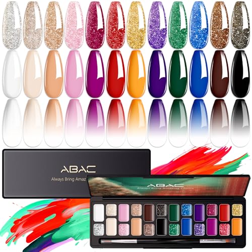 ABAC 24 Color Solid Gel Nail Polish,Ombre Gel Nail Polish,Pat Paint Nail Gel- Hema-Free No-Spill Formula w/Pro Brush Christmas NYE Party Nails,DIY Gift Set Clump-Free Shimmer