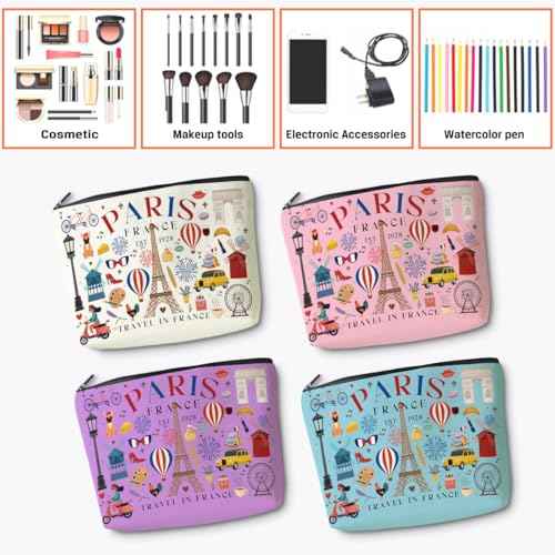 4pcs Funny Paris Travel Gifts for Women Makeup Bag France Paris Lovers Gift Birthday Mothers Day Christmas Cosmetic Bag Toiletry Bags Travel Essentials Friendship Gifts for Girls Friend Travelers