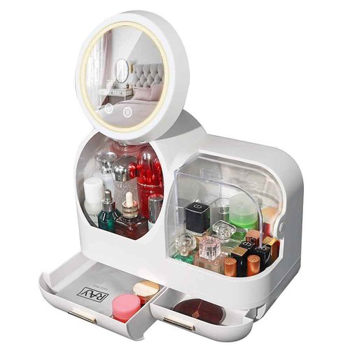 Generic Cosmetic Display Cases Skin Care Organizer Makeup Storage Organizer Box with Mirror Cosmetic Display Case with Touch Screen LED Light Anti Dust and Waterproof Skin Care Organizer White