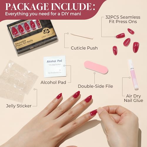 UNA GELLA Red Press On Nails Almond: Fall Halloween Soft Gel Press Ons with Nail Glue, 16 Sizes - 32 Reusable Short Fake Nails Kit, Christmas Mani Gift