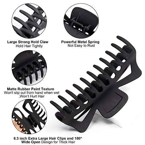Extra Large Claw Clips for Thick Hair, 6.3 Inch Strong Hold Matte Jumbo Accessories for Women Long Curly Hair Cute Nonslip French Giant Big Jaw Clip for Heavy Duty Hair XL Huge(Black Brown)