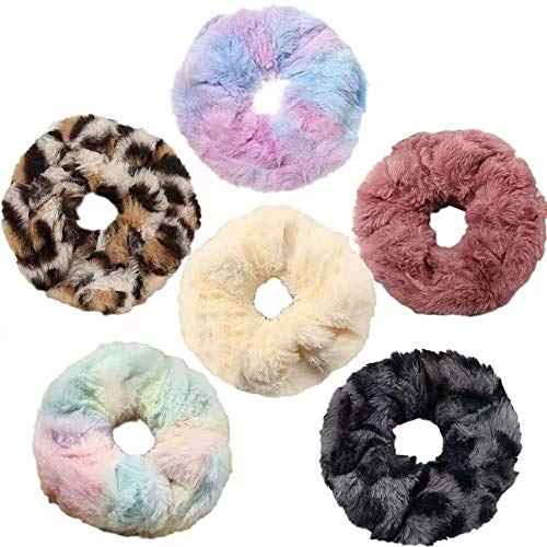 6 Pcs Leopard Towel Scrunchies for Hair Drying With Tie Dye and Solid Soft Microfiber - Thick Fuzzy Frizz Free Bobbles Ropes Traceless Ponytail Holder Cow Hair