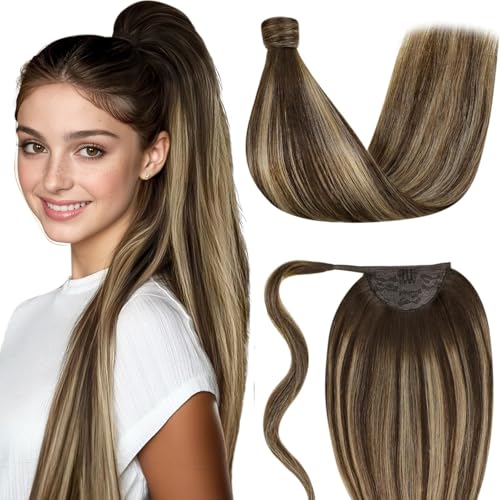 LaaVoo Ponytail Extension Human Hair 20 Inch Ponytail Hair Extensions Caramel Blonde Balayage Brown 80g