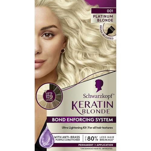 Schwarzkopf Keratin Blonde Hair Dye, 001 Platinum Blonde, Professional Quality Hi-Lift Permanent Hair Color, Bond Enforcing System Helps Prevent Breakage* Pre-Color Serum & Purple Conditioner Included