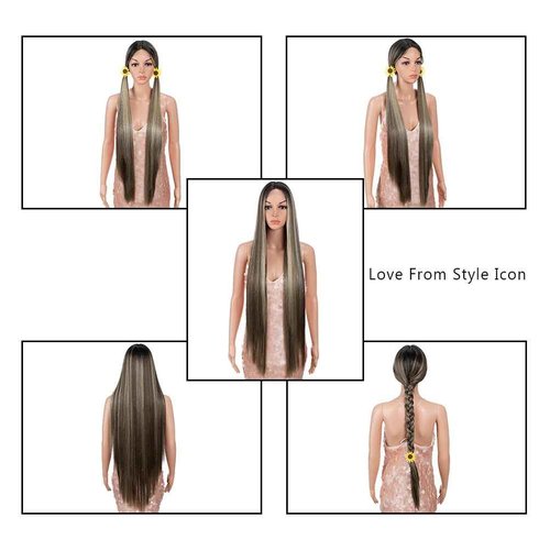 Style Icon 38" Super Long Straight Wigs 6" Deeper Middle Part Lace Lace Front Wigs Ombre Brown Synthetic Wig (38", NTSN4/UN8/12R)