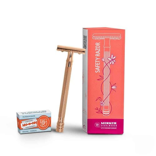 MERKUR 24G Safety Razor For Women with 10 Double Edge Blades | Extra Long Handle | Three-piece Razor | Straight Cut | Rose Gold Finish | Made in Germany