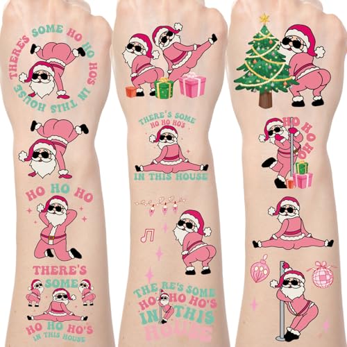 Funny Christmas Temporary Tattoos - 200+ Pink Santa Friendsmas Tattoos Stickers for Adults, There's Some Ho Ho Ho Hos Xmas Party Decorations Favors, Funny Naughty Christmas Supplies