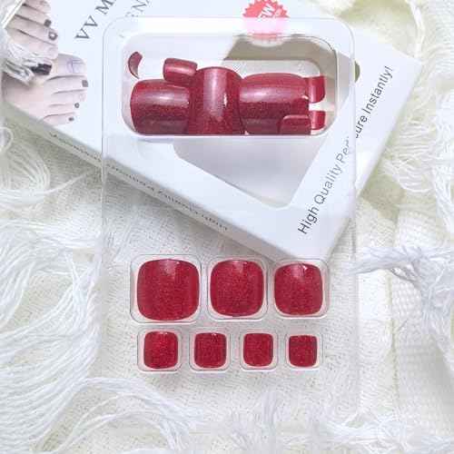 Red Sparkly Press on Toenails Short Square Fake Toe Nails Glossy Red Solid Color Glitter Full Cover Artificial Stick on Toenails for Women Girls Winter Christmas Manicure 24Pcs