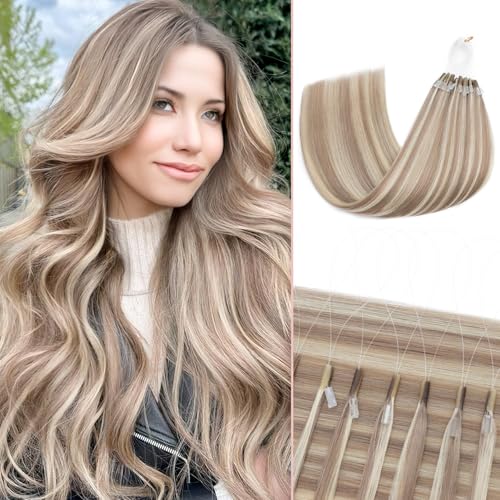 50pcs U Tip Hair Extensions, Micro Ring Human Hair Extensions, Upgraded K Tip Hot Fusion, Long Straight Keratin Extensions, 22 inches, Gold Brown mixed Bleach Blonde, 50g/pack