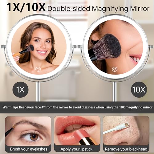 8" Lighted Makeup Mirror with 3 Color Lights and 1X 10X Magnification, Magnifying Vanity Mirror with Jewelry Holder and Storage Base, Dimmable,Touch Control, Chrome