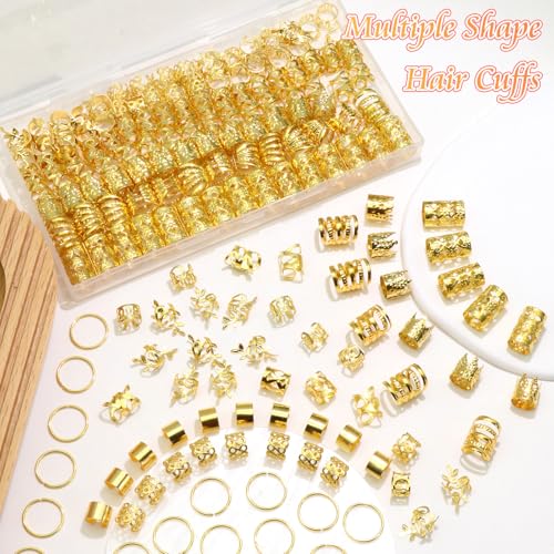 220PCS Gold Hair Jewelry Dreadlock Cuffs Braids Clips Metal Hair Cuff Rings Loc Charms Hair Beads Decorations Accessories for Women