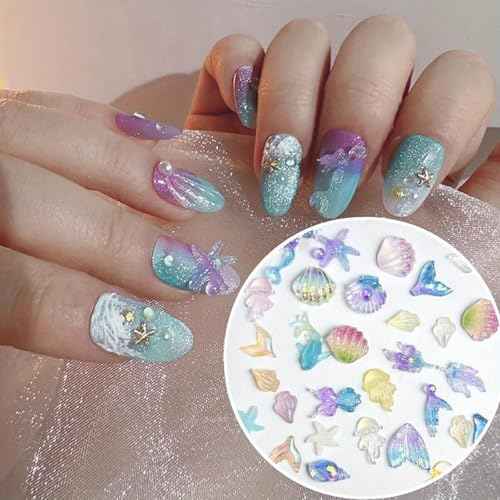 100 Pcs Marine Life Nail Charms, 3D Resin Charms Mermaid Jellyfish Seashell Starfish Nail Rhinestones Glow in The Dark Designs for Women Nail Supplies Summer Beach DIY Crafts Manicure Decoration