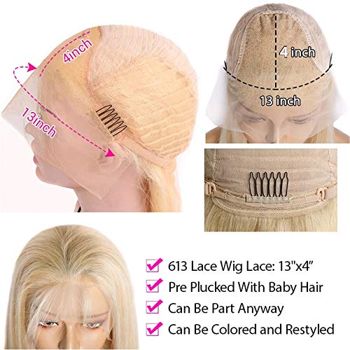Slightly Bleach Knots Lace Front Wig #613 Blonde Human Hair Lace Wigs Colored with Pre-Plucked Hairline Thick 150% Density Lace Wigs Full Ends with Baby Hair 24'' for Black&White Women