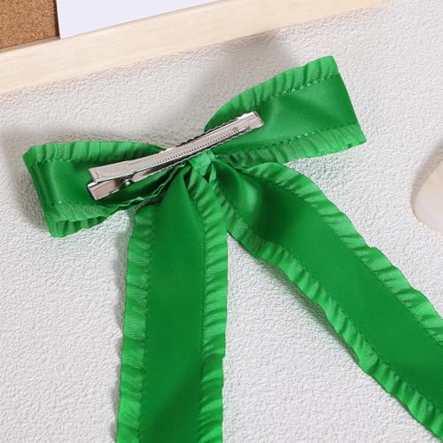 Green Hair Bow Clips for Women Girls 5.5 in Big Silky Ruffle Satin Hair Ribbon Bow-Knot Alligator Barrettes Hairpins Early Spring St Patricks Day Dress Decor Accessories Gift