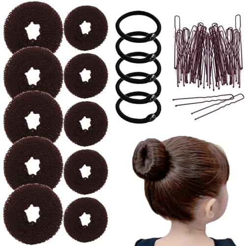 10 Pcs Hair Bun Maker - Donut Bun Maker for Hair(5 medium and 5 small),Ballet Bun for Women and Kids with Elastic Hair Ties, Hair Pins(Brown)