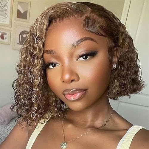 Curly Bob Wig Human Hair For Beginners Glueless Wigs Human Hair Pre Plucked Pre Cut 4/27 Highlight Ombre Honey Blonde 200 Density 13x4 Deep Curly Lace Closure Short Bob Wigs 8 Inch