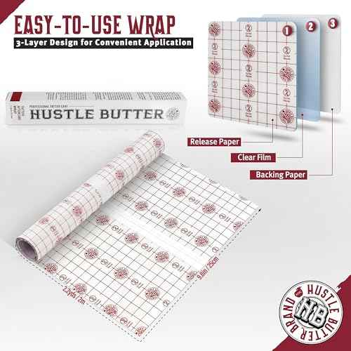 Hustle Butter Second Skin Tattoo Wrap - 9.8 Inches x 2.2 Yards - Transparent Adhesive Roll - Easy Removal, Mess-Free Body Art Wrap - Breathable & Latex-Free - for Medium Tattoo Aftercare