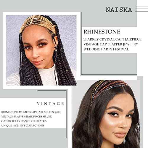 NAISKA Silver Crystal Rhinestone Head Chain Multi Layered Elastic Adjustable Rhinestone Hair band Wedding Bridal Forehead Headpieces Caps Party Prom Hair Jewelry for Women and Girls