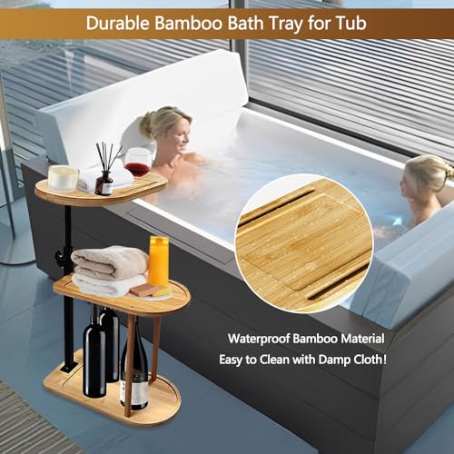 3 Layer Bathtub Tray Table,Bamboo Swivel Bathtub Side Table Height Adjustable,Freestanding Bathtub Tray for Tub Against Wall,Bathtub Accessories&Bathroom Organizer for Luxury Home Spa (Natural)