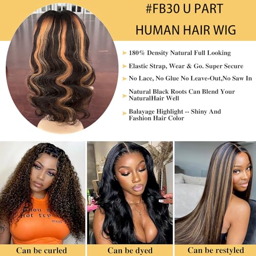 U Part Human Hair Wig Body Wave Highlight #1b/30 Ombre Brown Wig 180% Density U Part Wig Half Brazilian Virgin 100% Human Hair Wigs For Black Women Clip In Glueless No Leave Out Wig 20Inch