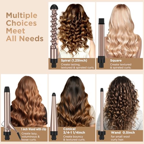 PARWIN PRO BEAUTY 5 in 1 Curling Iron Set with 1 Extra Long 9" Spiral Wand, Professional Hair Wand Curler, Up to 450F, LED Display, Gold, Includes Heat Protective Glove & 2 Clips