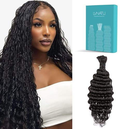 Boho Braids Human Hair for Bohemian Knotless Braids Braiding Hair for First-Timers Wet and Wavy Deep Wave Bulk 2 Bundles 100g 26 Inch Natural Black - Easy to Install for Salon/Home/Beginners