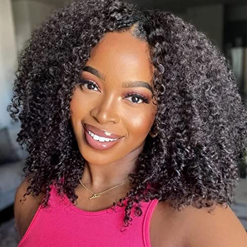 Nadula V Part Wig Kinky Curly Human Hair No Leave Out Glueless Upgraded U Part Wigs for Women,10A Malaysian Afro Curly V-part Wigs V Shape Clip in Half Wig Beginner Friendly 150% Density 14inch