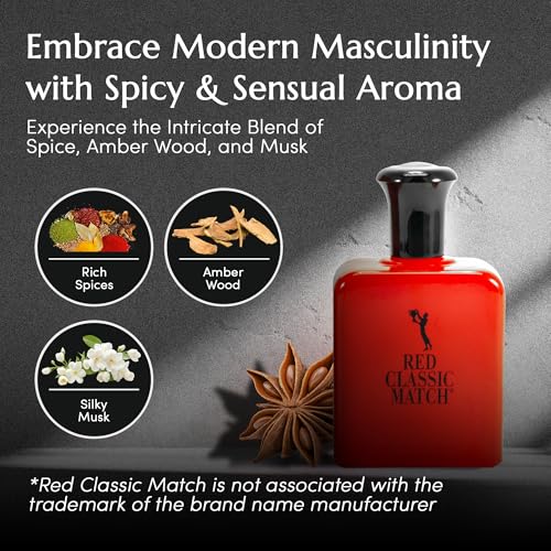 PB ParfumsBelcam Red Classic Match Eau de Toilette - Spicy Woody Amber Fragrance for Men, Long-Lasting Masculine Scent, Affordable Cologne Alternative, Signature Fragrance - 2.54 Fl Oz