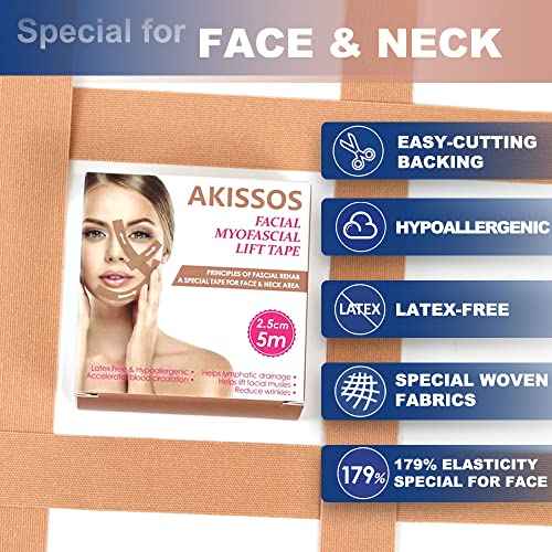 Akissos Facial Myofascial Lift Tape Face Lift Tape Face Toning Belts Anti Wrinkle Patches Anti Freeze Stickers Neck Lift Tape Unisex For Firming and Tightening Skin 2.5cm*5m