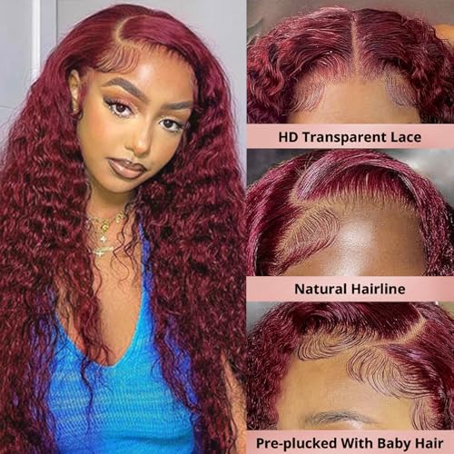 28 Inch 13x6 99j Burgundy Lace Front Wigs Human Hair Wigs For Women 180% Density 99J HD Deep Wave Lace Frontal Wigs Curly Wine Burgundy Wig Pre Plucked With Baby Hair