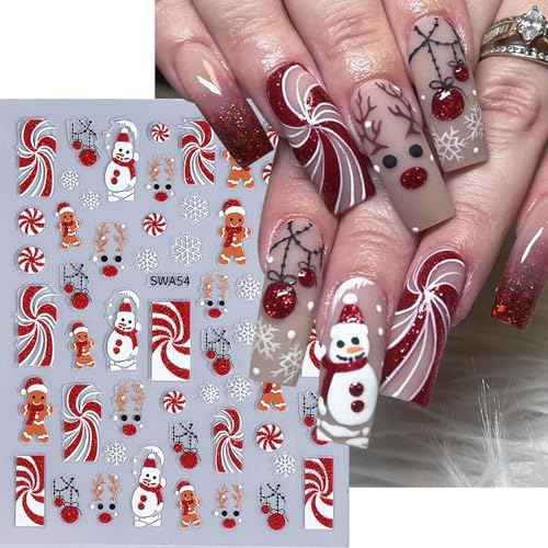 3 Sheets 3D Christmas Glitters Nail Art Sticker 3D Cute Nail Stickers Elk Star Gingerbread Man Snowflake Christmas Tree Nail Decals Snowman Hat Decal Slider New Year DIY Winter Manicure Decoration