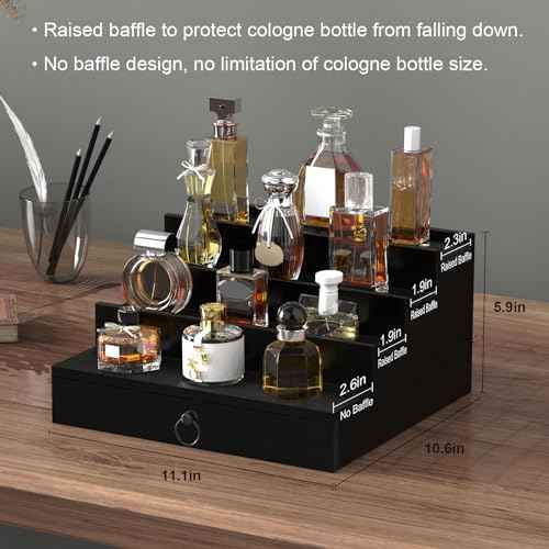 Cologne Organizer for Men, 4 Tier Black Wood Perfume Organizer with Felt Lining Drawer and Hidden Compartment, Perfume Display Holder, A Gift for Men