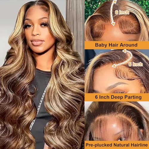 Highlight Ombre Lace Front Wigs Human Hair 13x6 Body Wave Frontal Wigs Pre Plucked With Baby Hair 180% Density 4/27 Colored Honey Blonde Wig Human Hair for Women 24 Inch