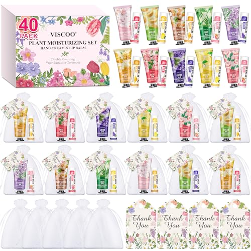 40 Sets Hand Cream Bulk and Lip Balm Bulk Gifts, Stocking Stuffers for Women Teengirls, Christmas Gifts,Bridesmaid Gifts for Guests with Thank You Card Organza Bags,Thank You Gifts, Small Gifts