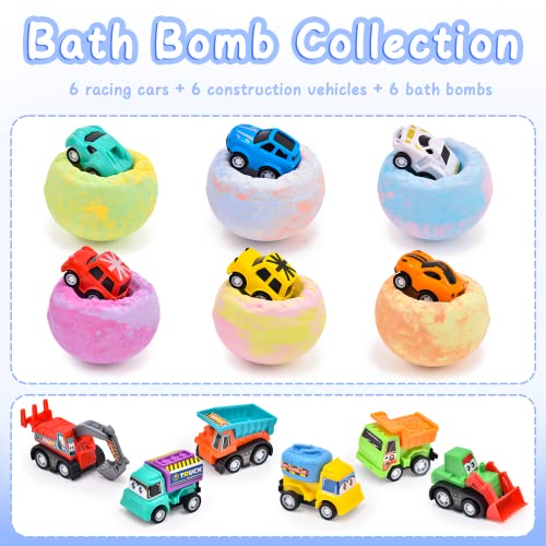 6 Pack Natural Bath Bombs for Kids Pull-Back Cars Organic Rich Foam Color Bubble Set Boys Girls Surprise Toys Christmas Gift for Toddlers