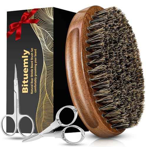 Beard Brush, Stocking Stuffers Boar Bristle Beard Brush for Men and Mustache Scissors Facial Hair Grooming Kit, Detangles Boars Hair Styling Beard Tool, Christmas Gift for Boyfriend Husband