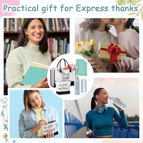 7 Pcs Christian Gift for Women Faith, Inspirational Religious Christmas Gifts, Catholic Tote Bag Makeup Bag Pens(Light Blue)