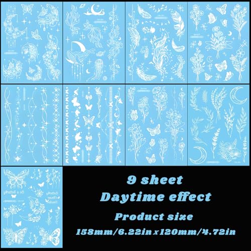 Luminous flower Butterfly Temporary Tattoos For Women Girls,9 Sheets Sexy Lace Fake Necklace Glow In The Dark Tattoo Wings Waterproof Face Body Arm Tattoo, Night Glitter Party Supply