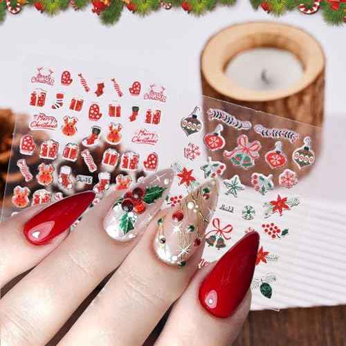 30Pcs/Set Glitter Christmas Nail Sticker 3D Self- Adhesive Nail Decals with Cute Penguin Deer Snowman Snowflake Elk Santa Claus Design Xmas Nail Art Stickers for Women Winter Holiday Nail Decorations