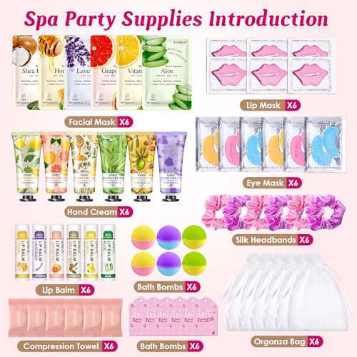 60PCS Spa Party Supplies for Girls, Include Face Masks, Hand Cream, Lip Balm, Foot Bath Bombs, Lip Mask, Under Eye Patches, Compressed Towels, Spa Birthday and Sleepover Party Supplies for Girls Women